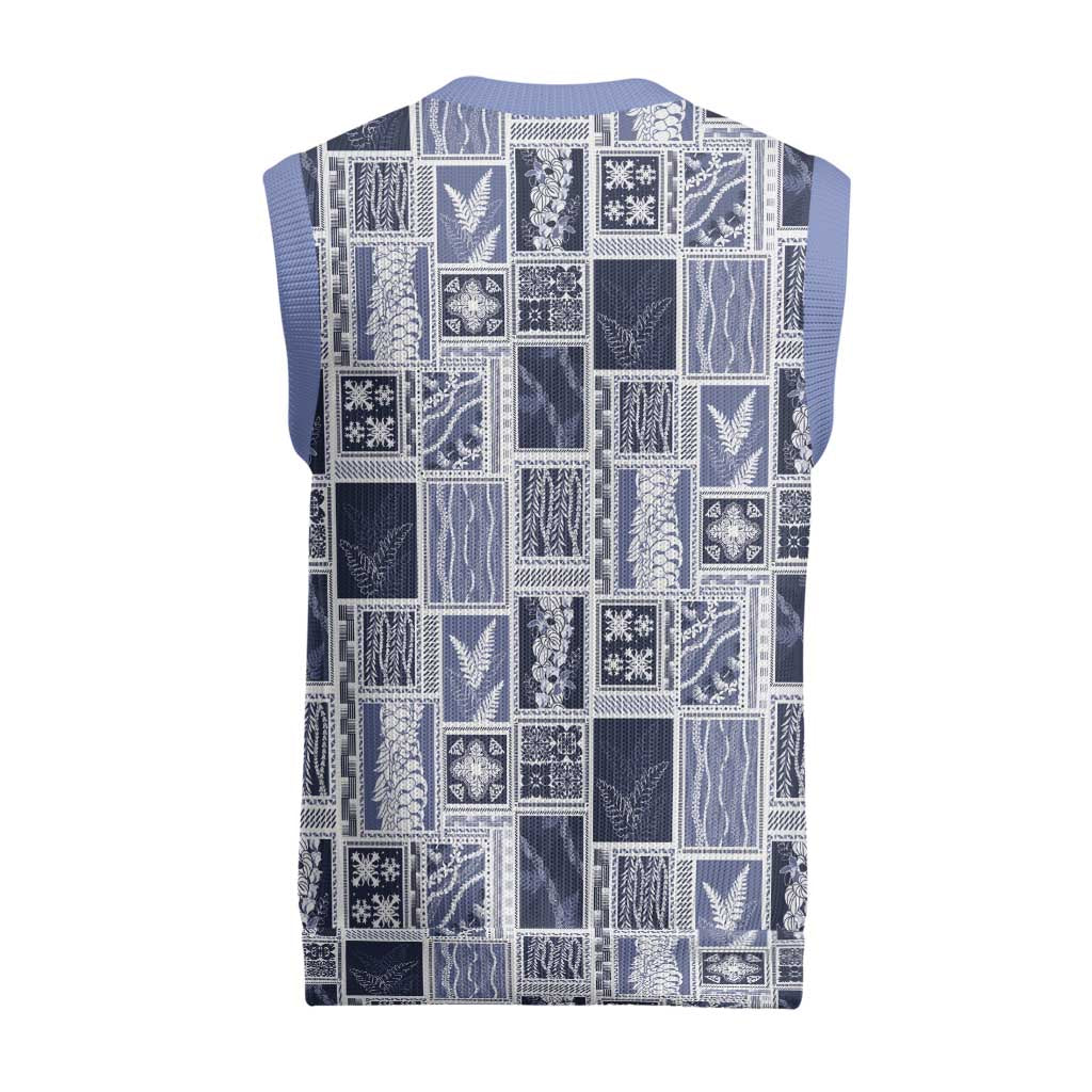 Vintage Aloha Block Quilt Christmas Knitted V-Neck Vest Blue Inspired Lei Motifs - Polynesian Pride
