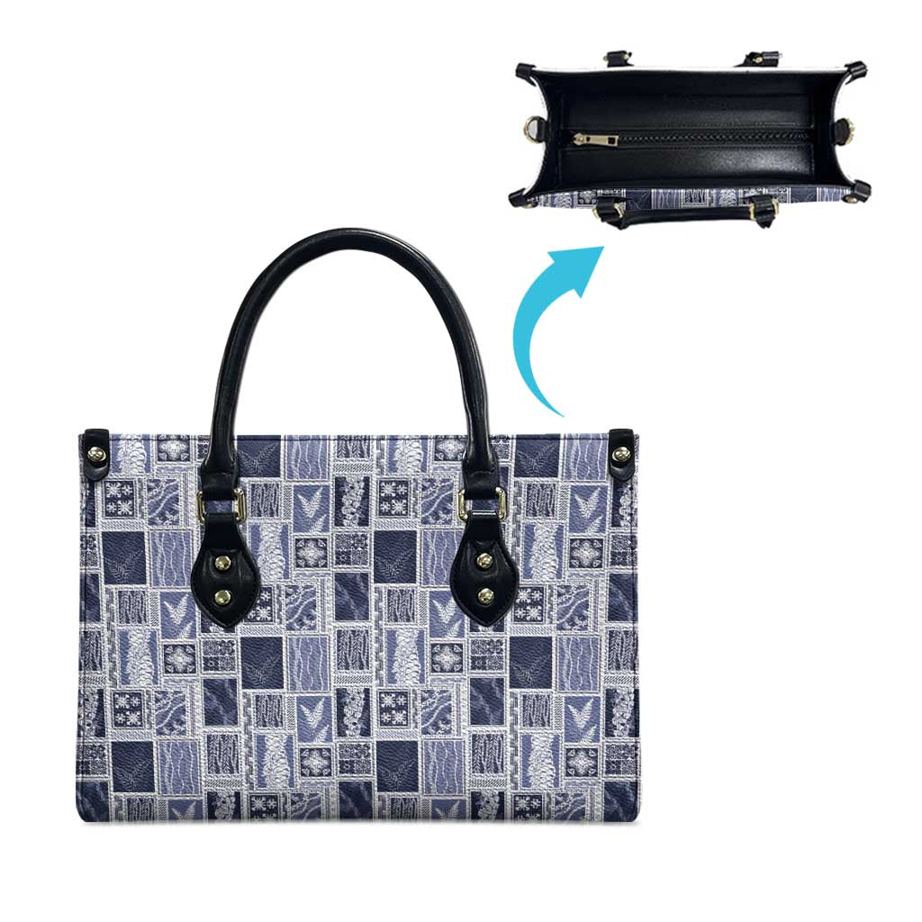 Vintage Aloha Block Quilt Leather Bag Blue Inspired Lei Motifs - Polynesian Pride
