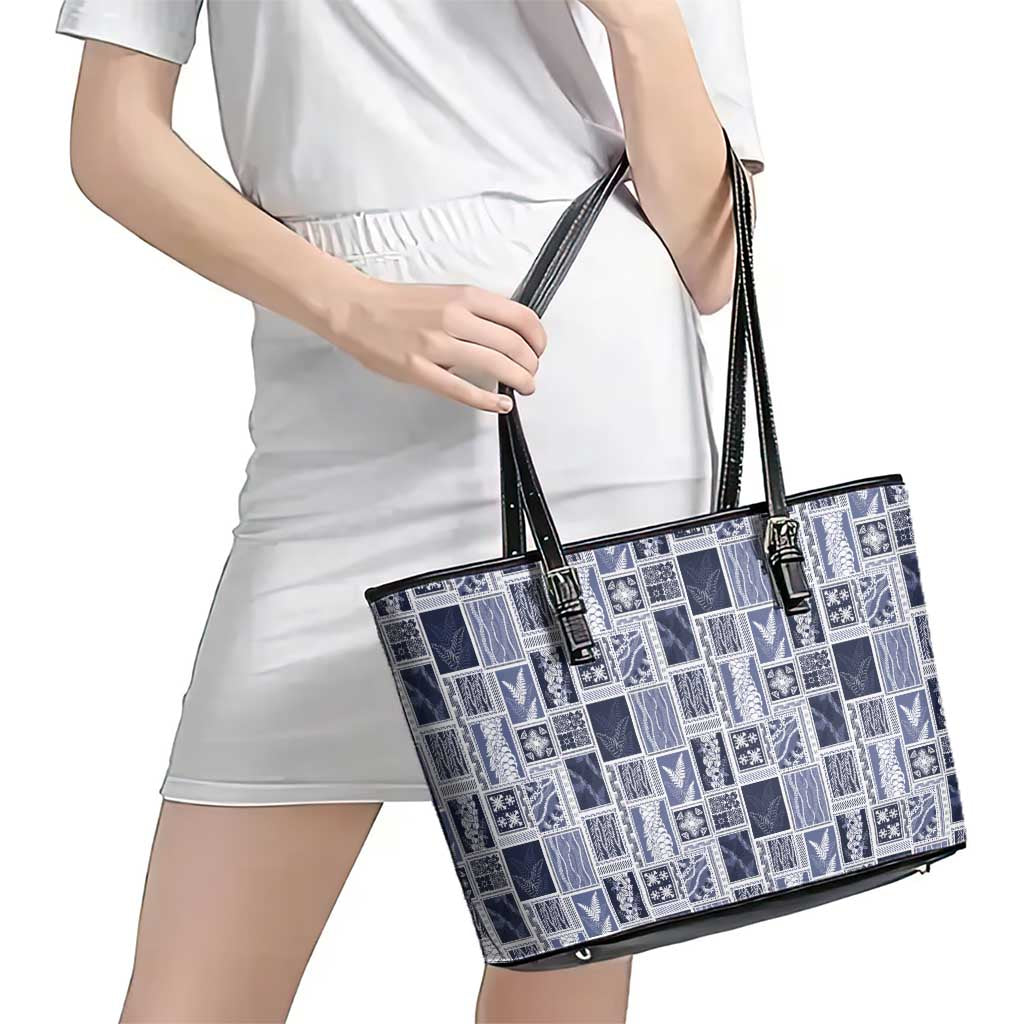 Vintage Aloha Block Quilt Leather Tote Bag Blue Inspired Lei Motifs - Polynesian Pride