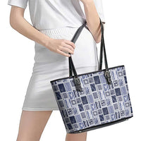 Vintage Aloha Block Quilt Leather Tote Bag Blue Inspired Lei Motifs - Polynesian Pride