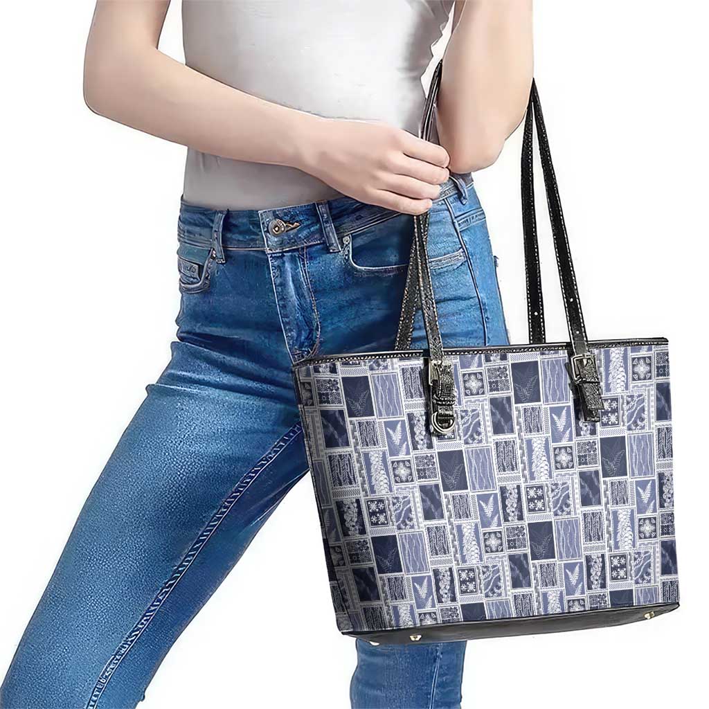 Vintage Aloha Block Quilt Leather Tote Bag Blue Inspired Lei Motifs - Polynesian Pride