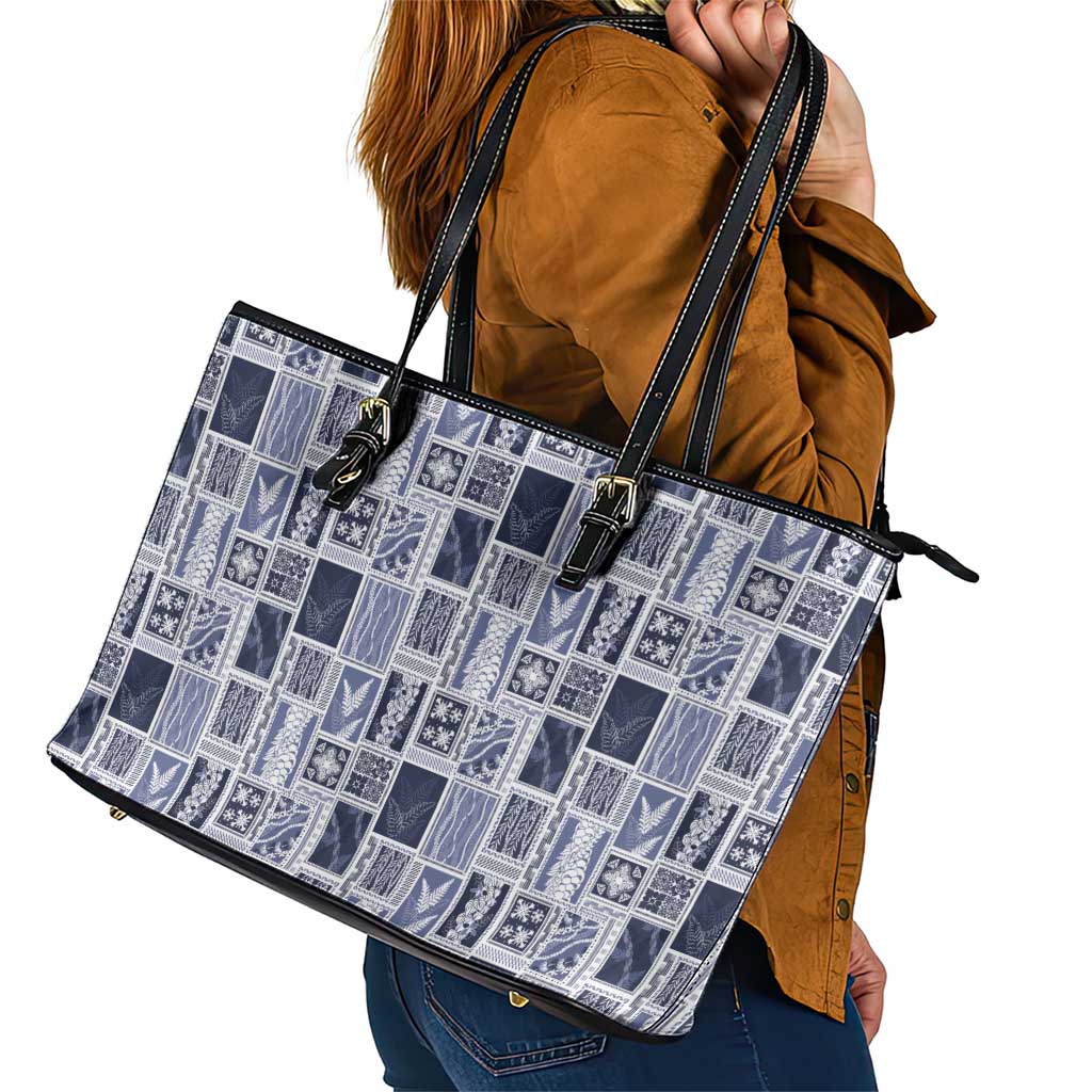 Vintage Aloha Block Quilt Leather Tote Bag Blue Inspired Lei Motifs - Polynesian Pride