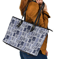 Vintage Aloha Block Quilt Leather Tote Bag Blue Inspired Lei Motifs - Polynesian Pride
