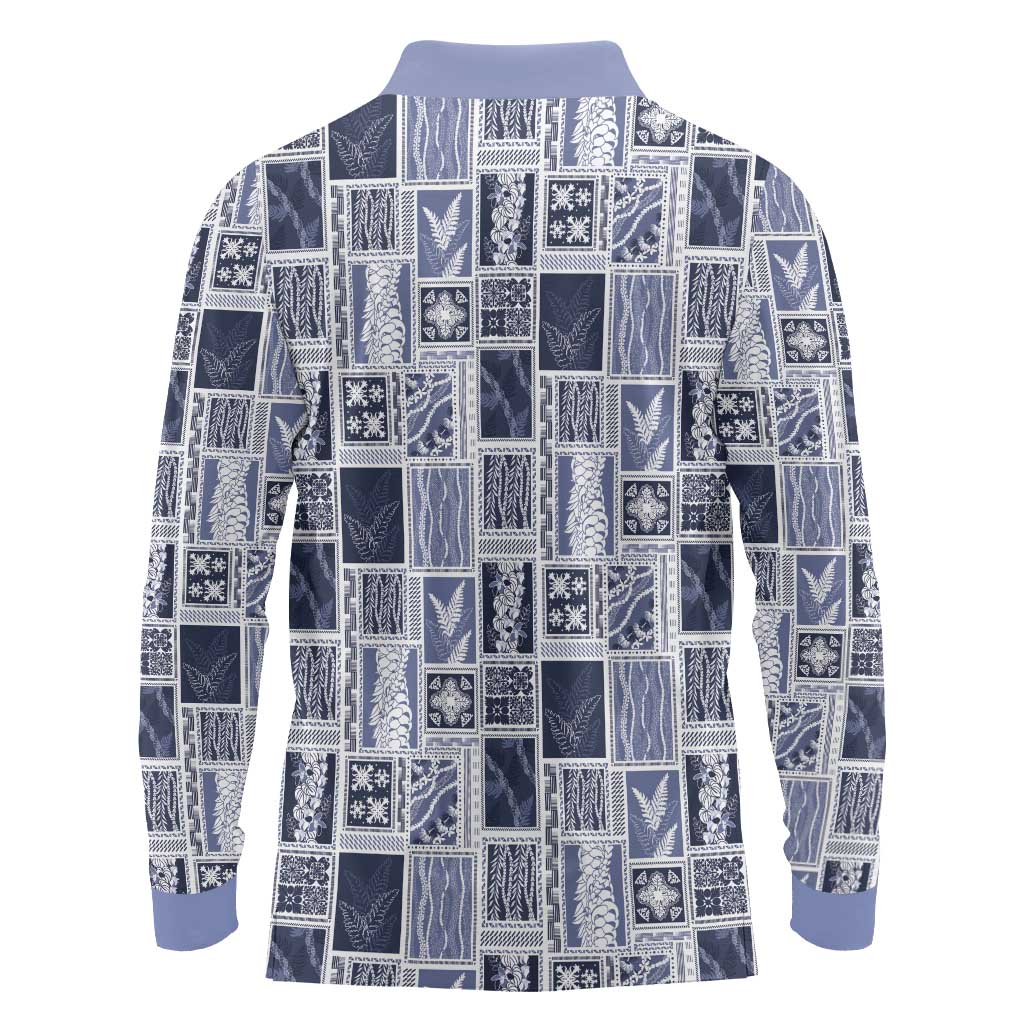 Vintage Aloha Block Quilt Long Sleeve Polo Shirt Blue Inspired Lei Motifs - Polynesian Pride