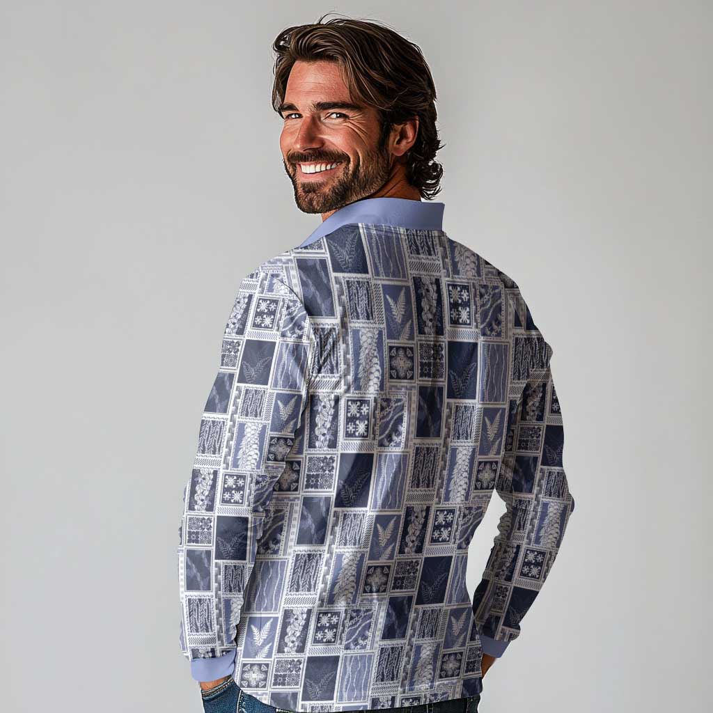 Vintage Aloha Block Quilt Long Sleeve Polo Shirt Blue Inspired Lei Motifs - Polynesian Pride