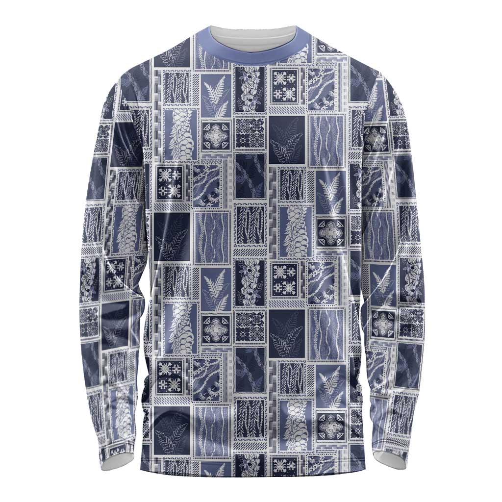 Vintage Aloha Block Quilt Long Sleeve Shirt Blue Inspired Lei Motifs - Polynesian Pride