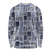 Vintage Aloha Block Quilt Long Sleeve Shirt Blue Inspired Lei Motifs - Polynesian Pride