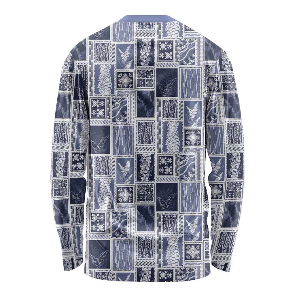 Vintage Aloha Block Quilt Long Sleeve Shirt Blue Inspired Lei Motifs - Polynesian Pride