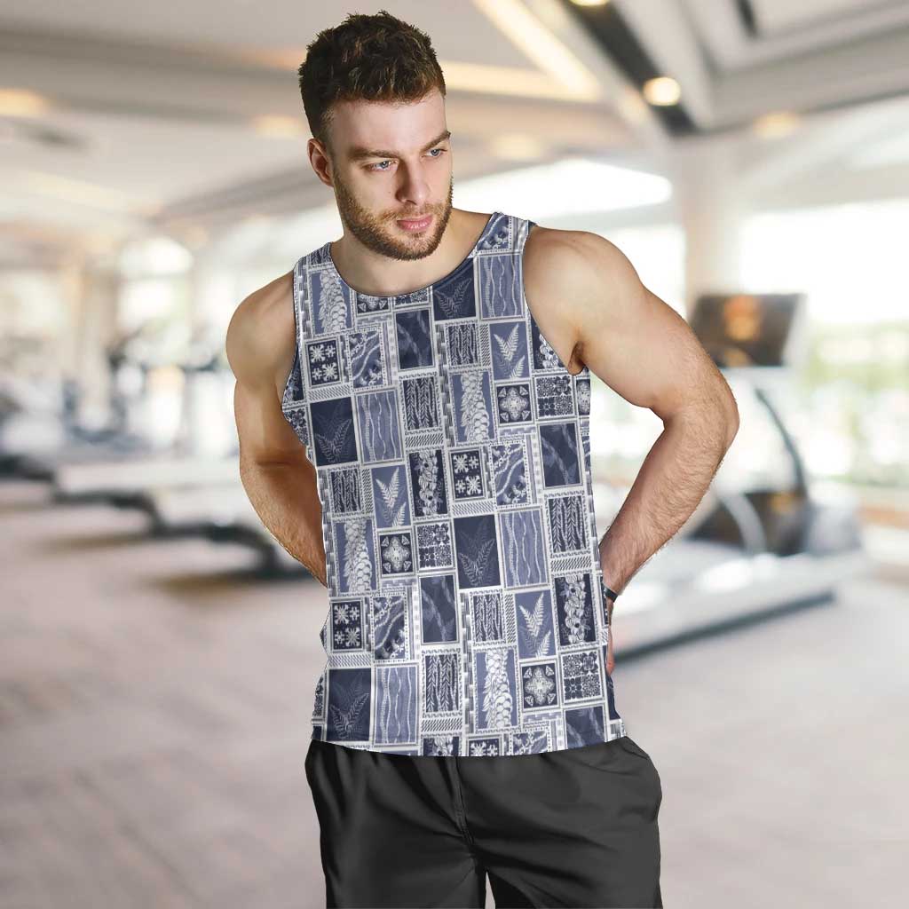 Vintage Aloha Block Quilt Men Tank Top Blue Inspired Lei Motifs - Polynesian Pride
