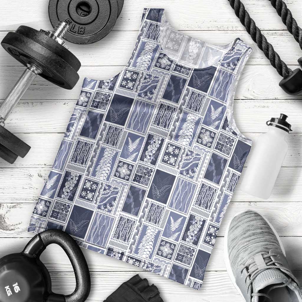 Vintage Aloha Block Quilt Men Tank Top Blue Inspired Lei Motifs LT9 - Polynesian Pride