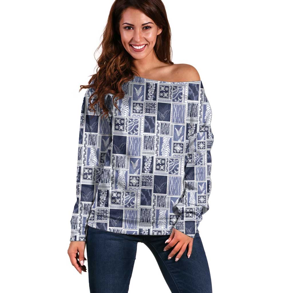 Vintage Aloha Block Quilt Off Shoulder Sweater Blue Inspired Lei Motifs - Polynesian Pride