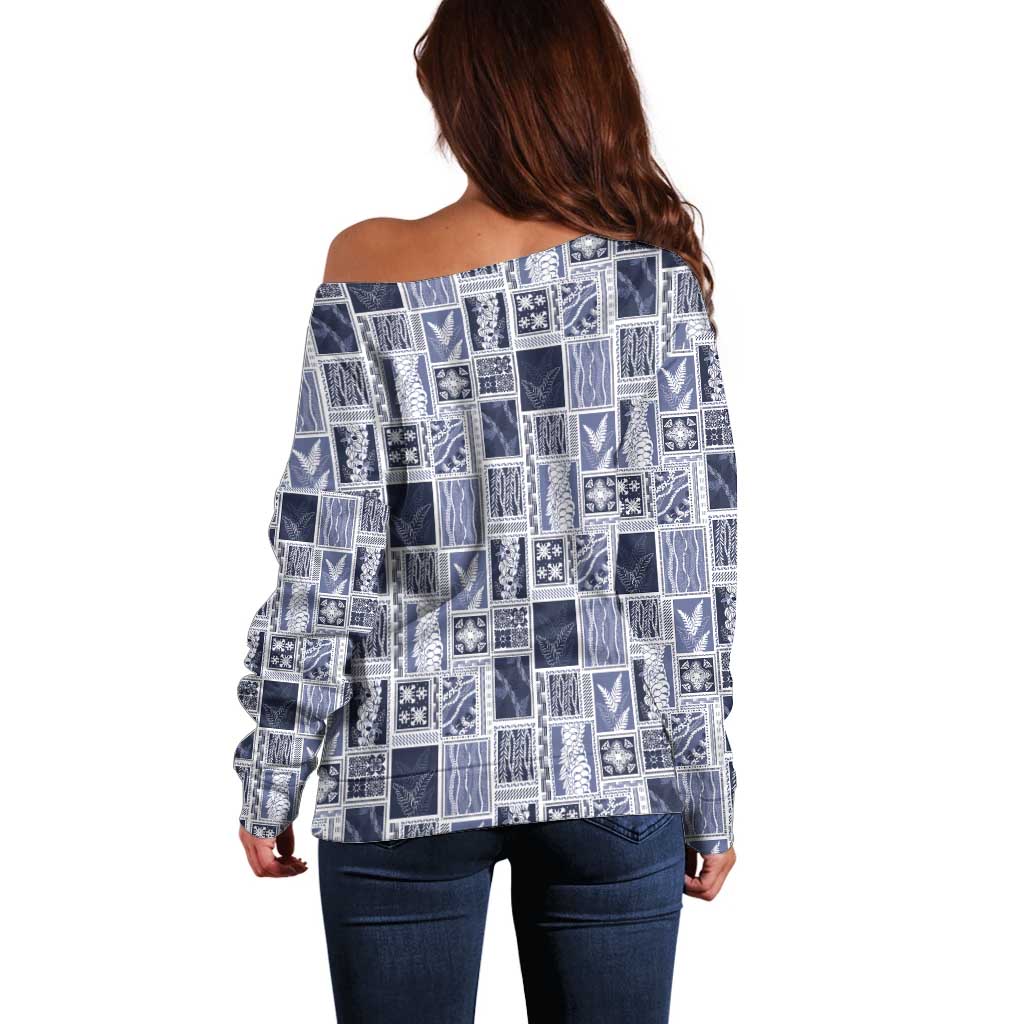 Vintage Aloha Block Quilt Off Shoulder Sweater Blue Inspired Lei Motifs - Polynesian Pride