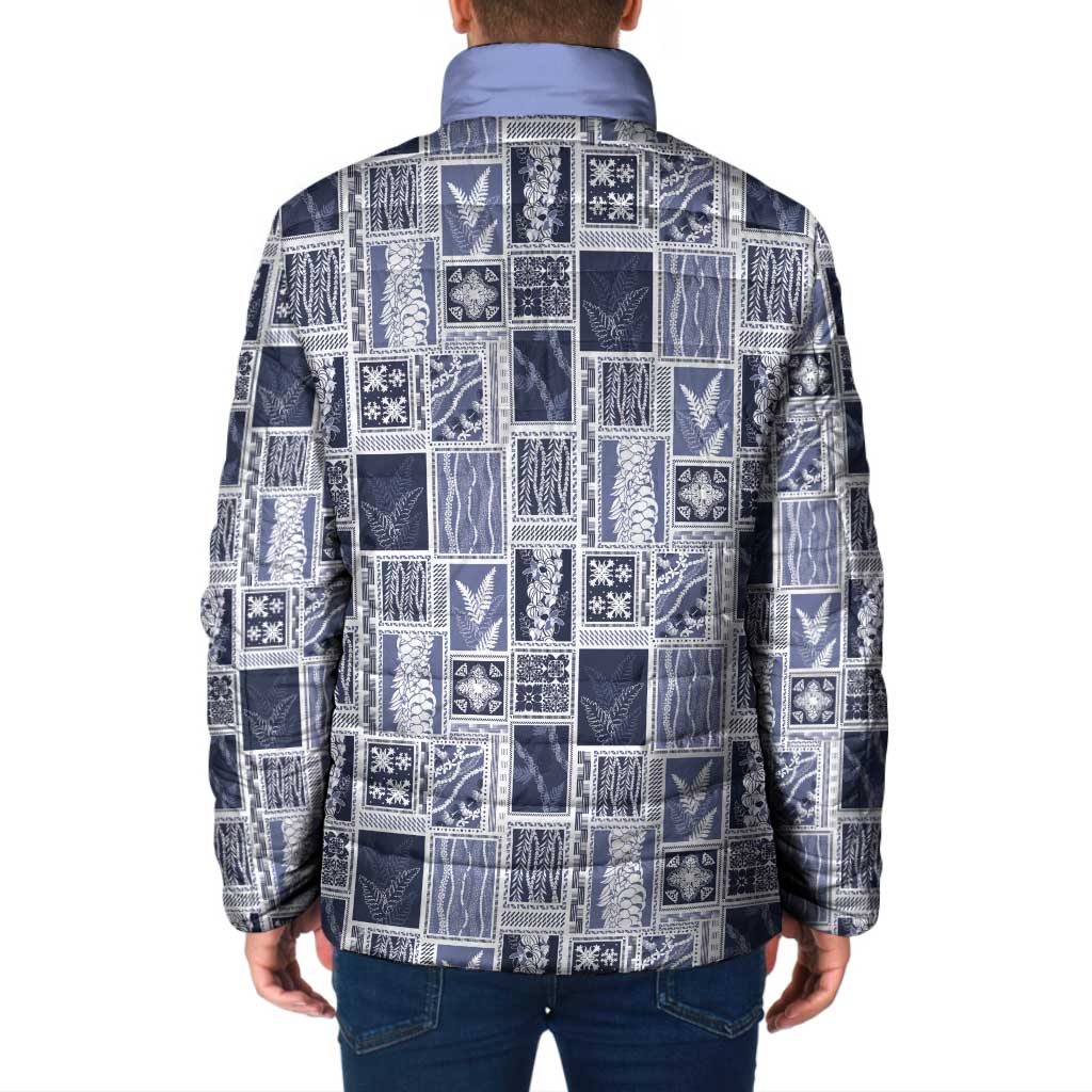 Vintage Aloha Block Quilt Padded Jacket Blue Inspired Lei Motifs - Polynesian Pride