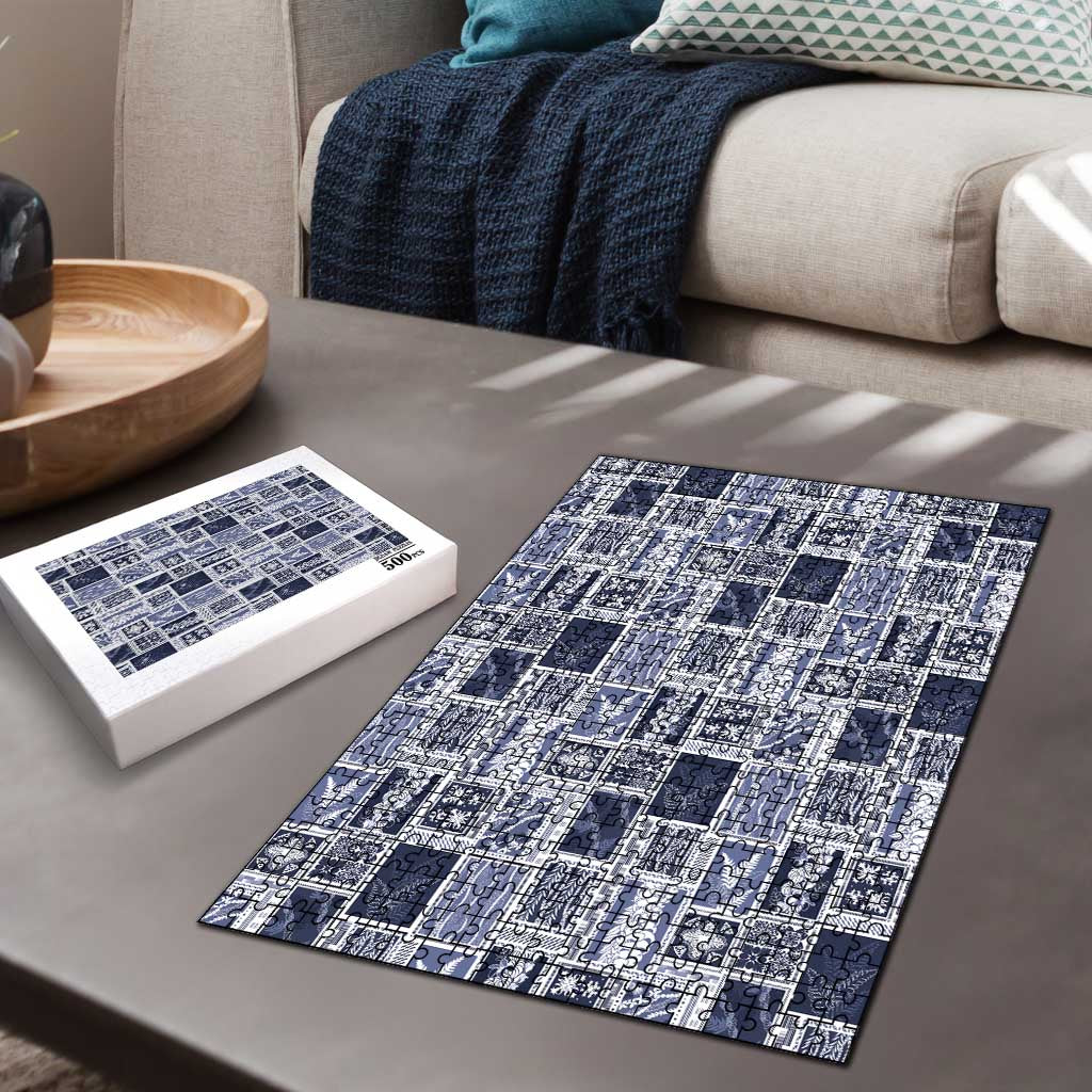 Vintage Aloha Block Quilt Puzzle Blue Inspired Lei Motifs - Polynesian Pride