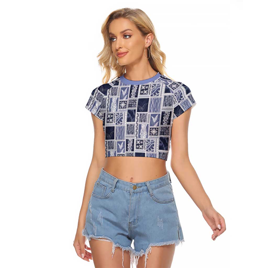 Vintage Aloha Block Quilt Raglan Cropped T Shirt Blue Inspired Lei Motifs - Polynesian Pride