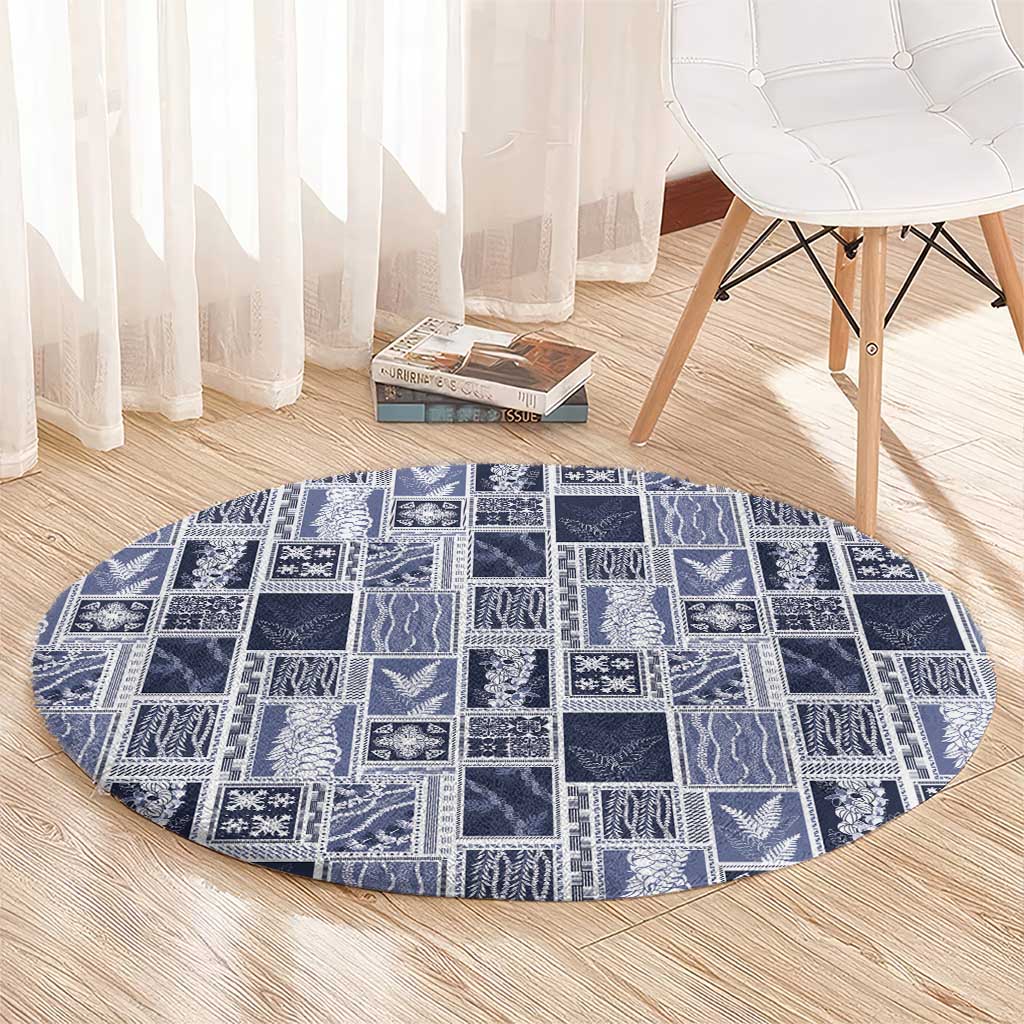 Vintage Aloha Block Quilt Round Carpet Blue Inspired Lei Motifs - Polynesian Pride