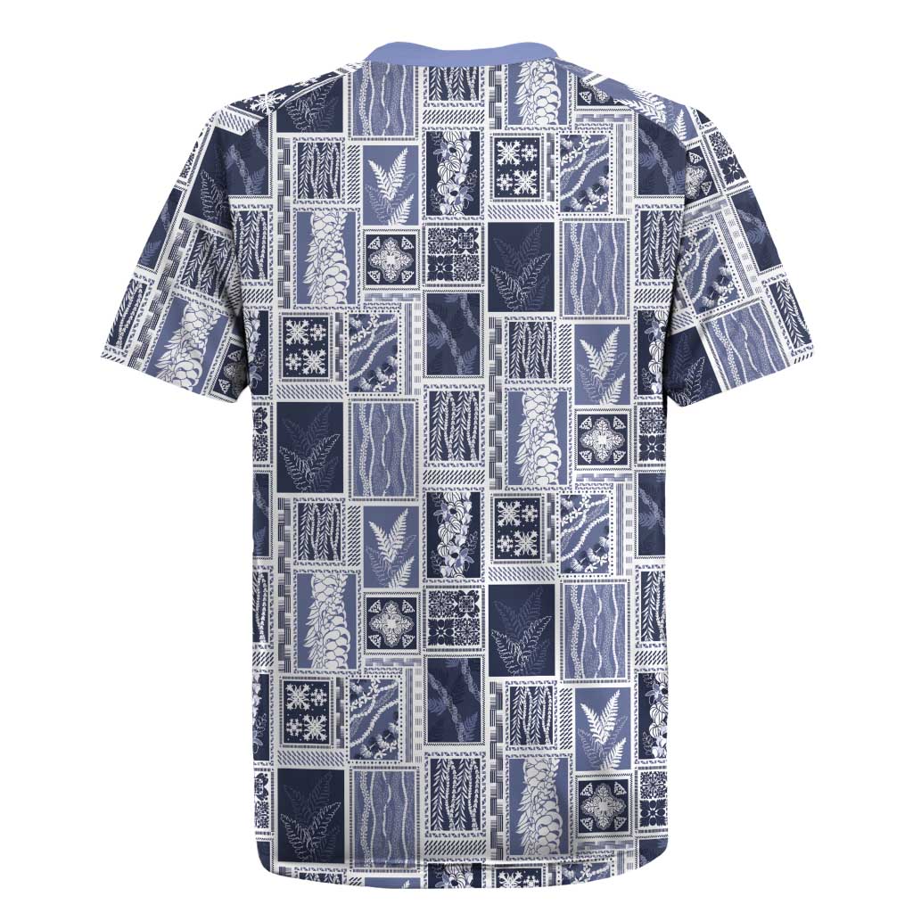 Vintage Aloha Block Quilt Rugby Jersey Blue Inspired Lei Motifs - Polynesian Pride