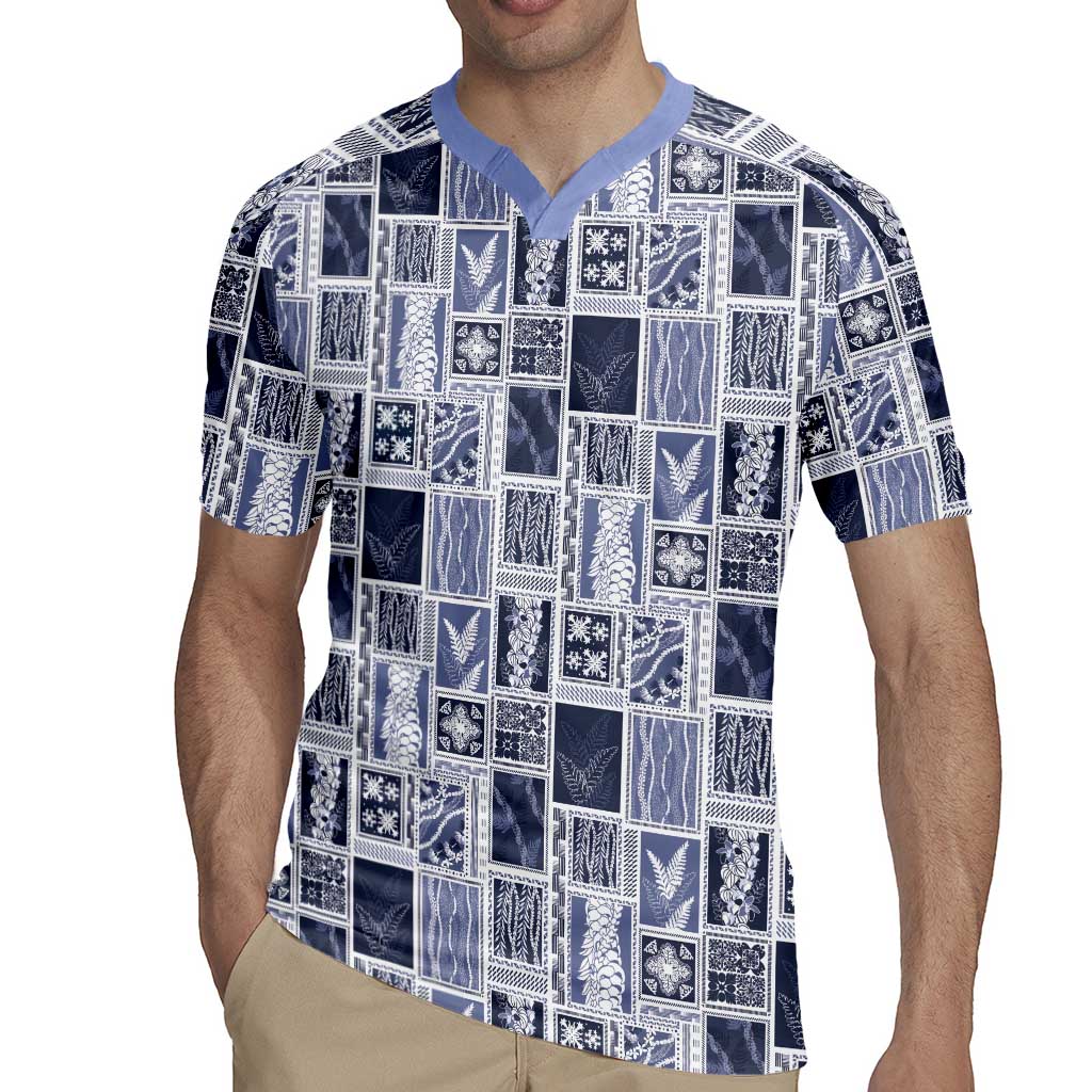 Vintage Aloha Block Quilt Rugby Jersey Blue Inspired Lei Motifs - Polynesian Pride