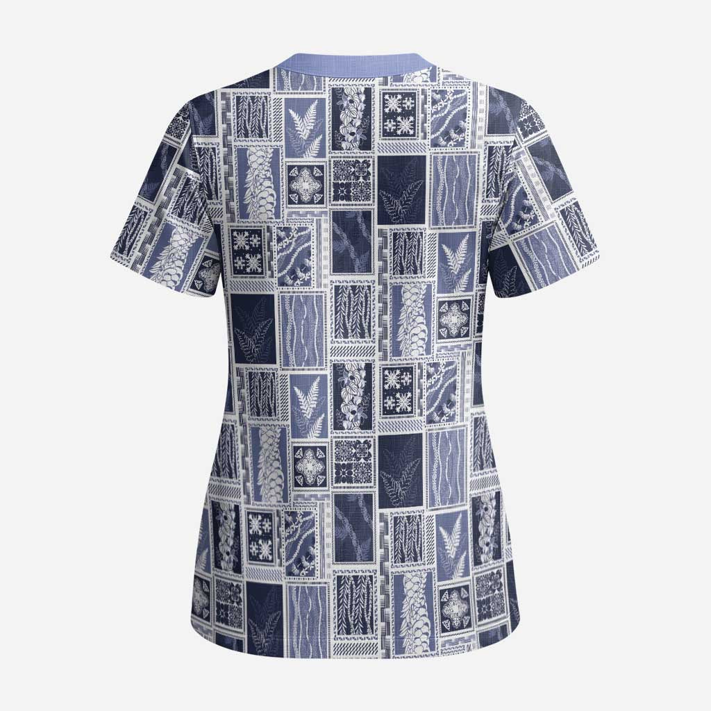 Vintage Aloha Block Quilt Scrub Top Blue Inspired Lei Motifs - Polynesian Pride