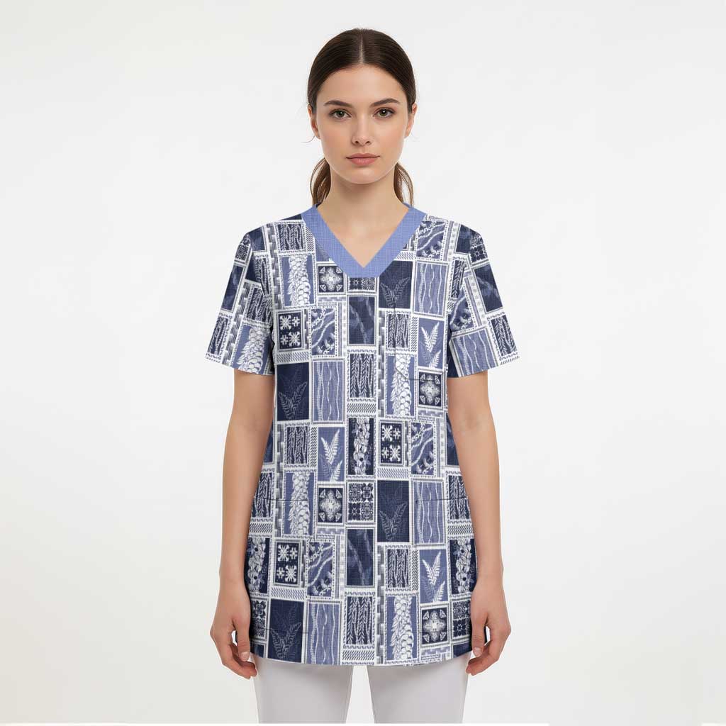 Vintage Aloha Block Quilt Scrub Top Blue Inspired Lei Motifs - Polynesian Pride