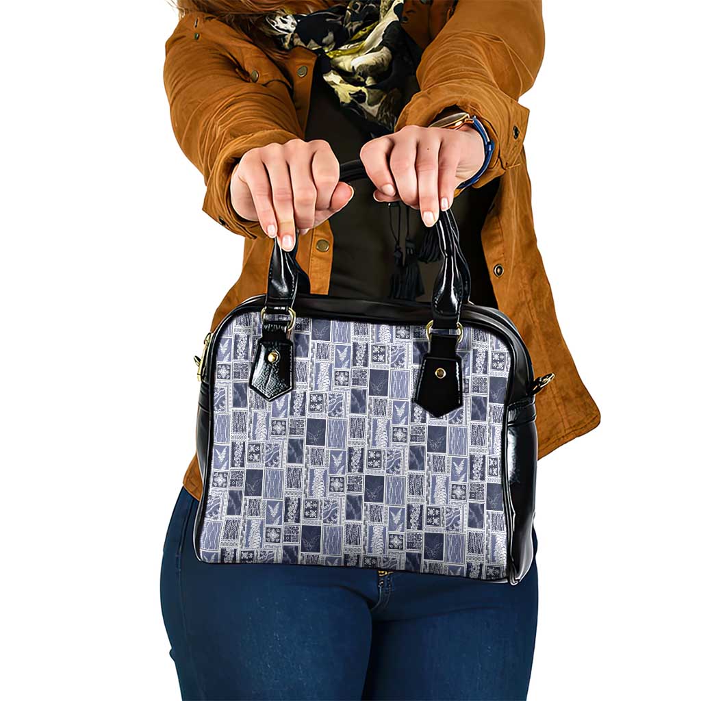 Vintage Aloha Block Quilt Shoulder Handbag Blue Inspired Lei Motifs - Polynesian Pride