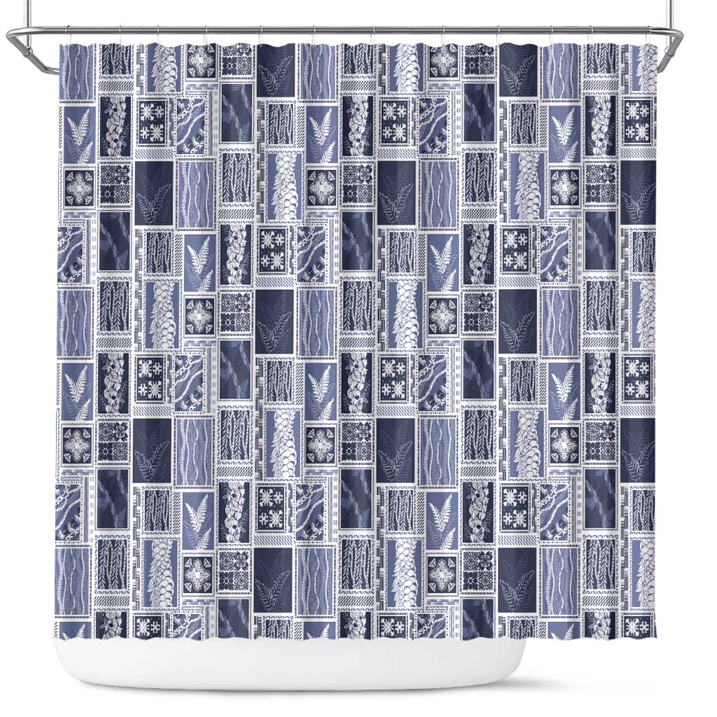 Vintage Aloha Block Quilt Shower Curtain Blue Inspired Lei Motifs LT9 Blue - Polynesian Pride