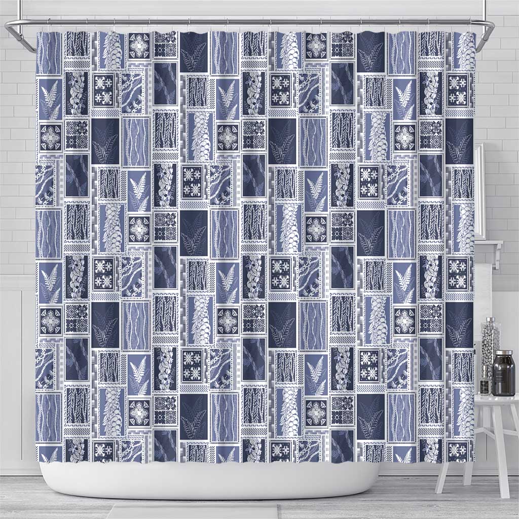 Vintage Aloha Block Quilt Shower Curtain Blue Inspired Lei Motifs LT9 - Polynesian Pride