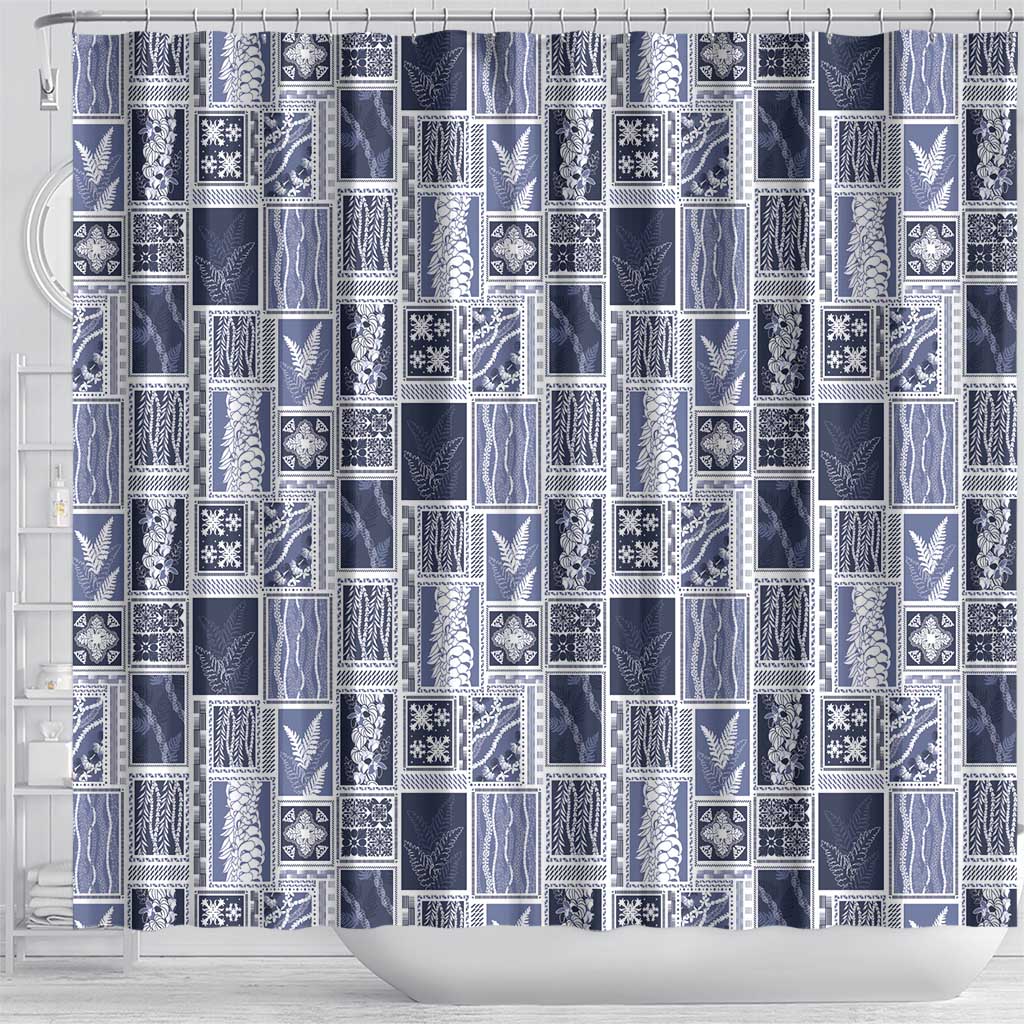 Vintage Aloha Block Quilt Shower Curtain Blue Inspired Lei Motifs LT9 - Polynesian Pride