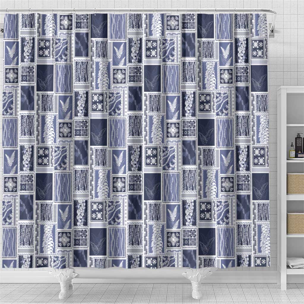 Vintage Aloha Block Quilt Shower Curtain Blue Inspired Lei Motifs LT9 - Polynesian Pride