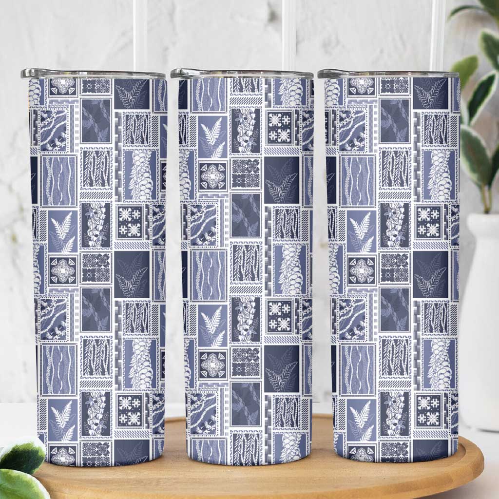 Vintage Aloha Block Quilt Skinny Tumbler Blue Inspired Lei Motifs - Polynesian Pride