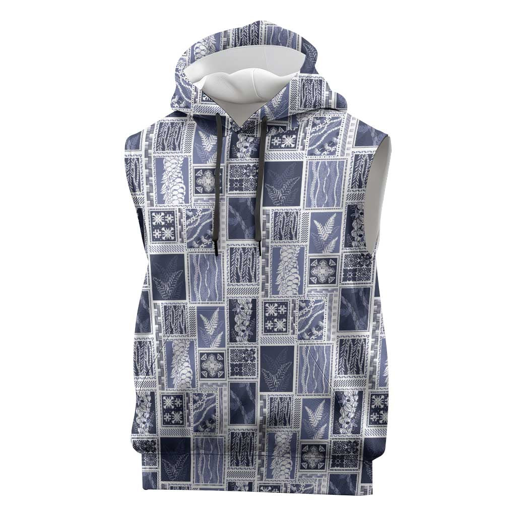 Vintage Aloha Block Quilt Sleeveless Hoodie Blue Inspired Lei Motifs - Polynesian Pride