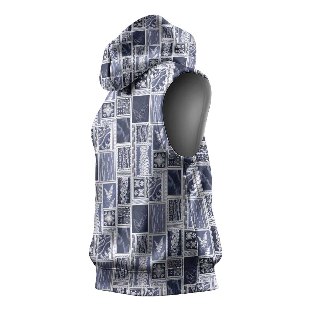 Vintage Aloha Block Quilt Sleeveless Hoodie Blue Inspired Lei Motifs - Polynesian Pride