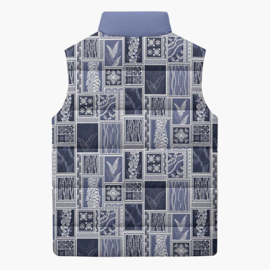 Vintage Aloha Block Quilt Sleeveless Puffer Jacket Blue Inspired Lei Motifs LT9 - Polynesian Pride