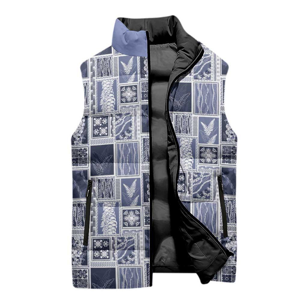 Vintage Aloha Block Quilt Sleeveless Puffer Jacket Blue Inspired Lei Motifs LT9 - Polynesian Pride