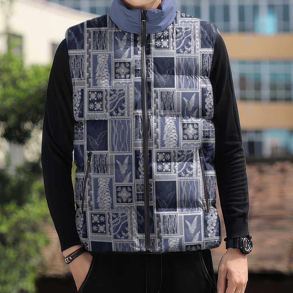 Vintage Aloha Block Quilt Sleeveless Puffer Jacket Blue Inspired Lei Motifs LT9 - Polynesian Pride