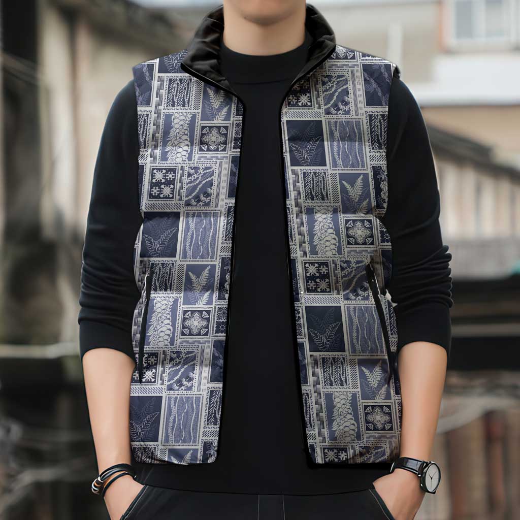 Vintage Aloha Block Quilt Sleeveless Puffer Jacket Blue Inspired Lei Motifs LT9 - Polynesian Pride