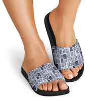 Vintage Aloha Block Quilt Slide Sandals Blue Inspired Lei Motifs - Polynesian Pride