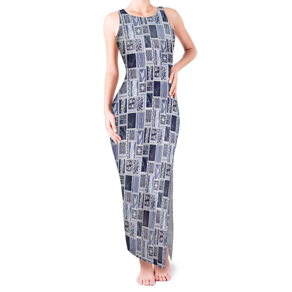 Vintage Aloha Block Quilt Tank Maxi Dress Blue Inspired Lei Motifs - Polynesian Pride