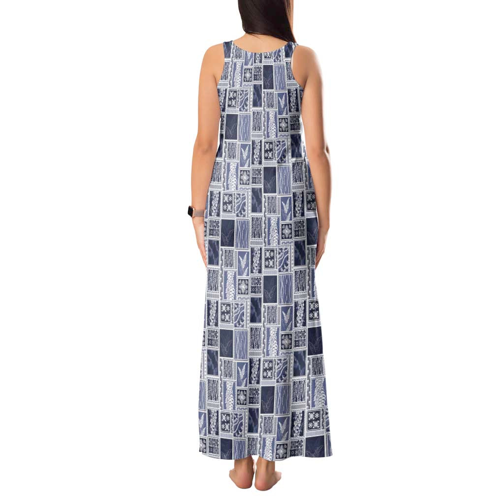 Vintage Aloha Block Quilt Tank Maxi Dress Blue Inspired Lei Motifs - Polynesian Pride