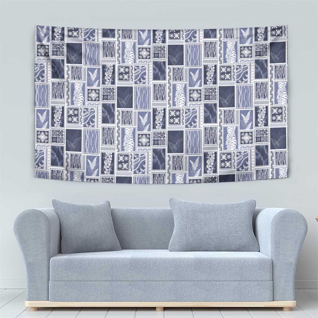 Vintage Aloha Block Quilt Tapestry Blue Inspired Lei Motifs - Polynesian Pride