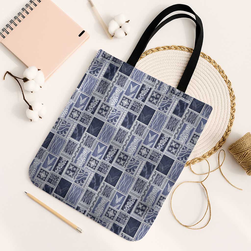 Vintage Aloha Block Quilt Tote Bag Blue Inspired Lei Motifs LT9 Black Strap One Size Blue - Polynesian Pride