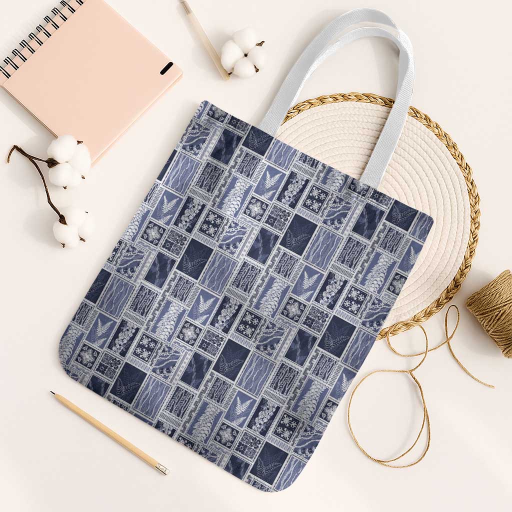 Vintage Aloha Block Quilt Tote Bag Blue Inspired Lei Motifs LT9 White Strap One Size Blue - Polynesian Pride