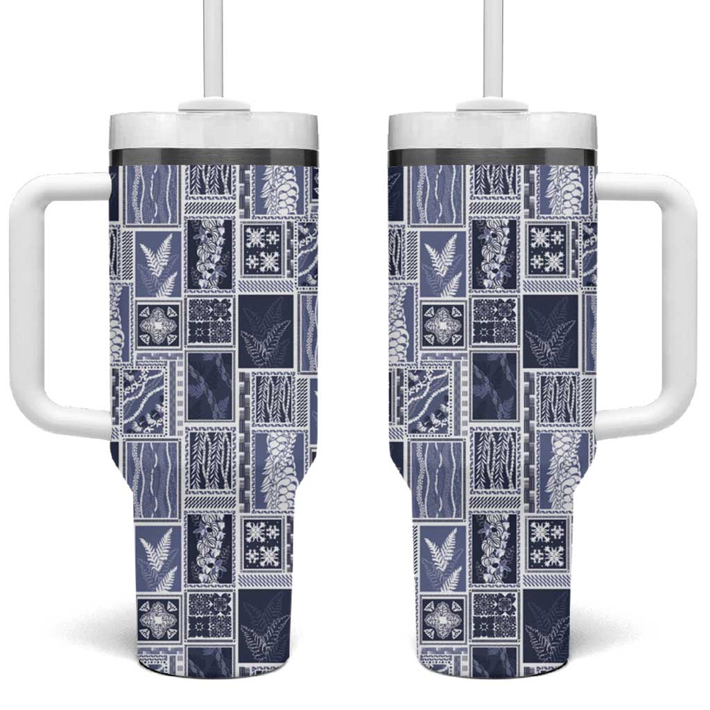 Vintage Aloha Block Quilt Tumbler With Handle Blue Inspired Lei Motifs LT9 One Size: 40 oz Blue - Polynesian Pride