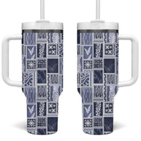 Vintage Aloha Block Quilt Tumbler With Handle Blue Inspired Lei Motifs LT9 One Size: 40 oz Blue - Polynesian Pride