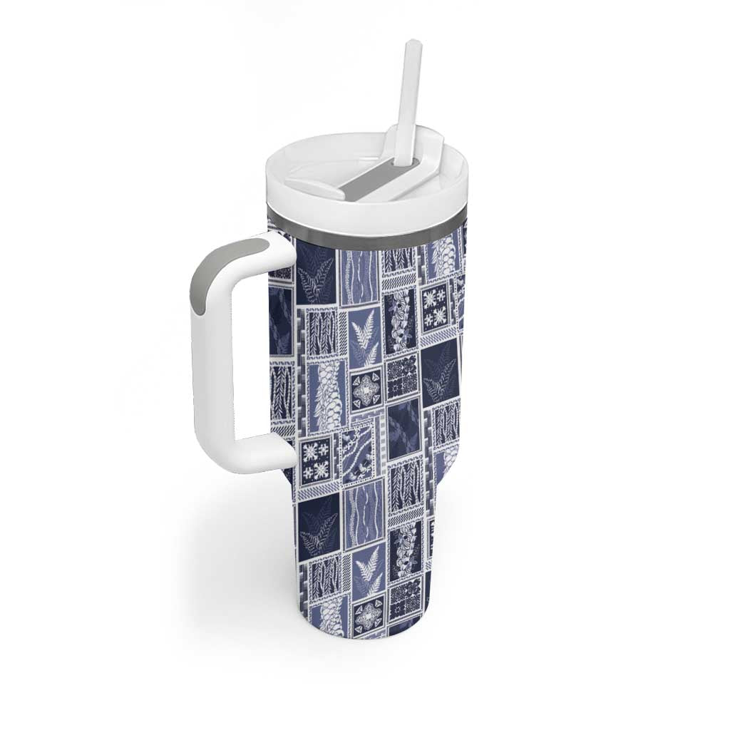 Vintage Aloha Block Quilt Tumbler With Handle Blue Inspired Lei Motifs LT9 - Polynesian Pride