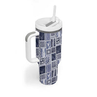Vintage Aloha Block Quilt Tumbler With Handle Blue Inspired Lei Motifs LT9 - Polynesian Pride