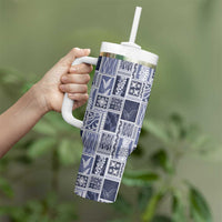 Vintage Aloha Block Quilt Tumbler With Handle Blue Inspired Lei Motifs LT9 - Polynesian Pride
