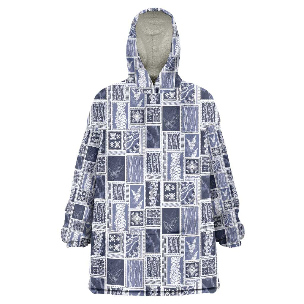 Vintage Aloha Block Quilt Wearable Blanket Hoodie Blue Inspired Lei Motifs LT9 One Size Blue - Polynesian Pride