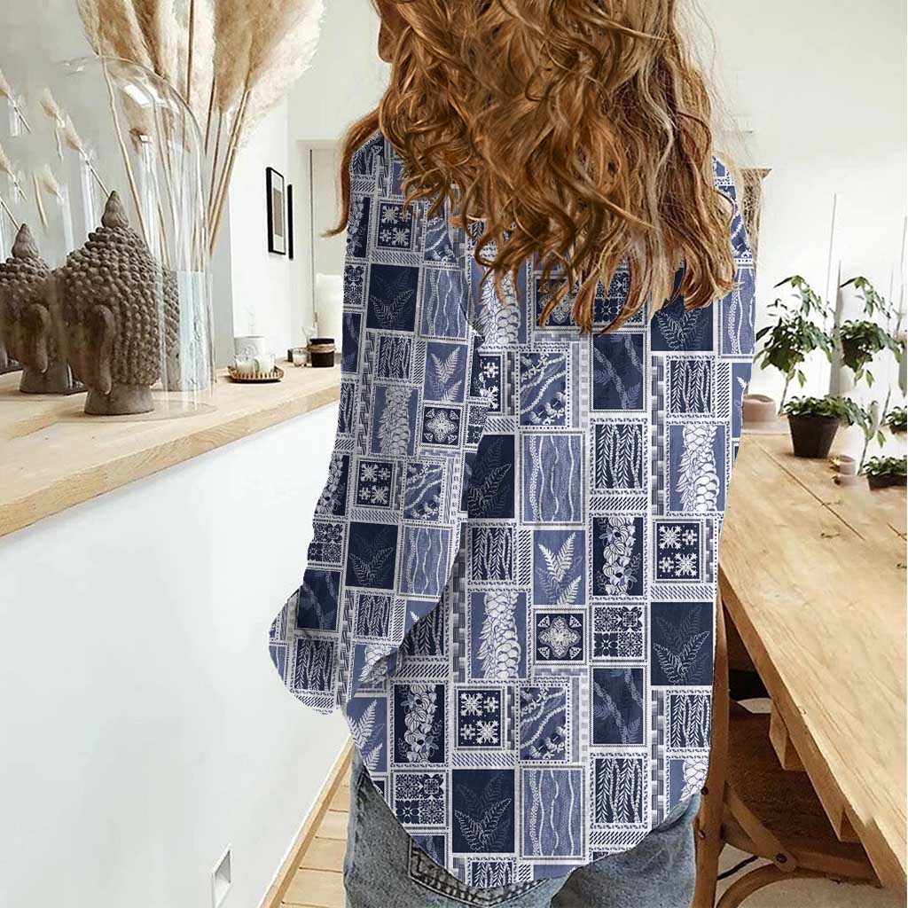 Vintage Aloha Block Quilt Women Casual Shirt Blue Inspired Lei Motifs - Polynesian Pride
