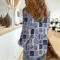 Vintage Aloha Block Quilt Women Casual Shirt Blue Inspired Lei Motifs - Polynesian Pride